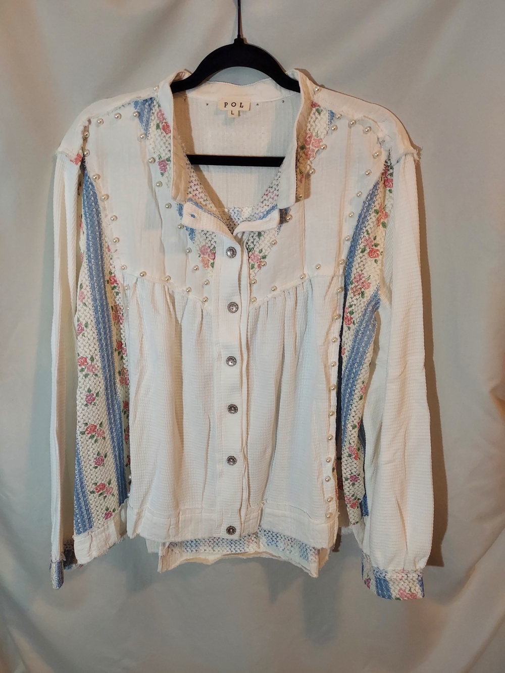 POL NWOT Clothing Cottagecore Floral Patchwork Balloon Sleeve Pearl Jacket L